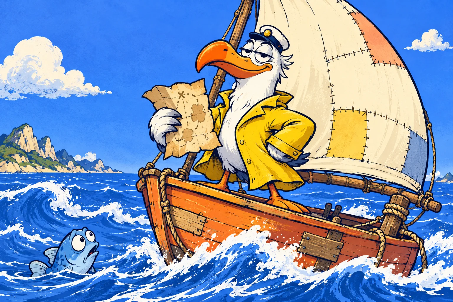 Our overconfident seagull captain sailing through waves with a questionable map.